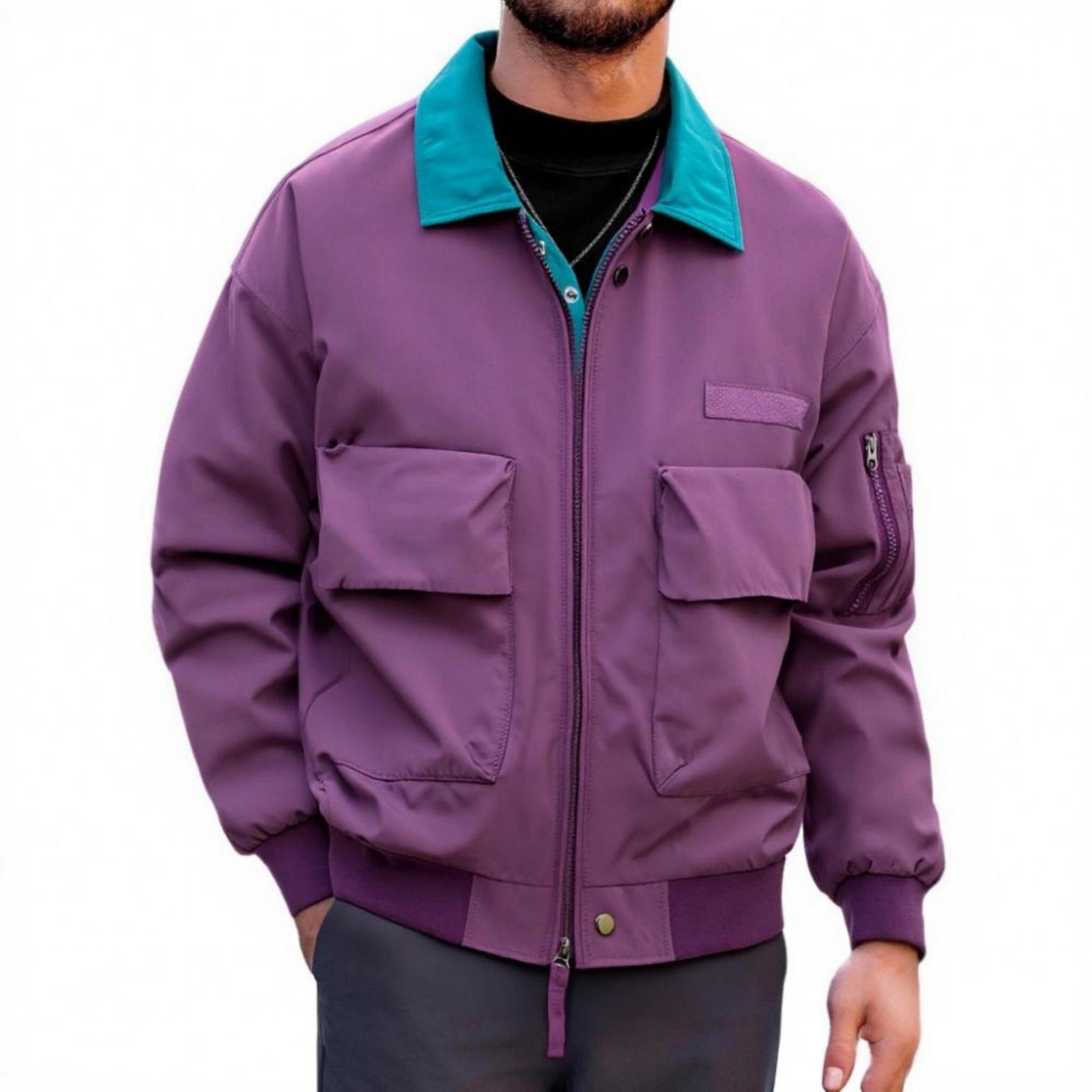 Men s Casual Retro Color,blocking Flight Jacket, Men s Long,sleeved Lapel Multi,pocket Work Jacket L