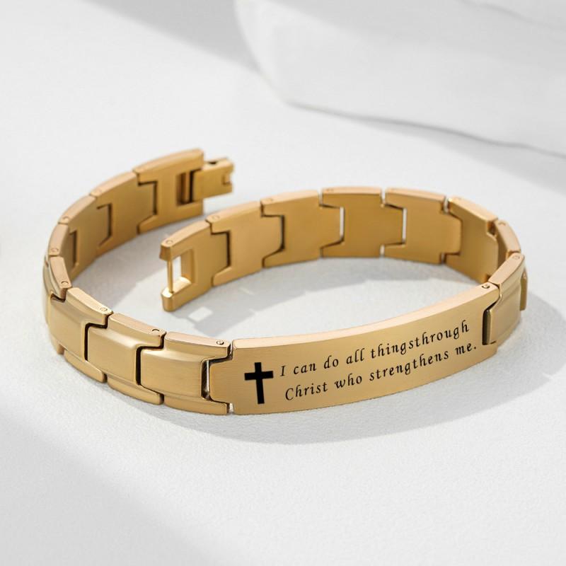 Stainless Steel Two-Tone Smooth 12mm Link Bracelet With Engraved Cross Charm Men Women Minimalist Geometric Design
