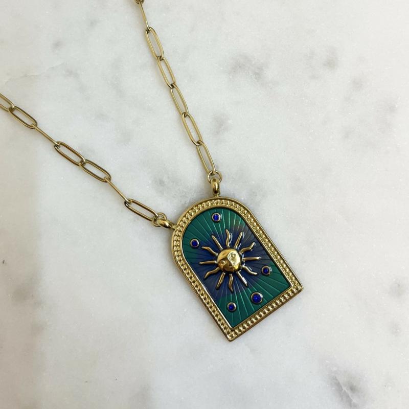 

Stylish And Simple Colored Rope, Sun Tarot Pendant, Necklace, Lucky Bead Chain, Gold-Plated.