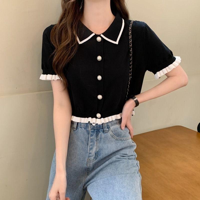 VAYLA Button Short Tops Tees Patchwork Y2k Shirt Clothing Women Pullovers Jumper Striped Sweater Fungus Blouse For Girls