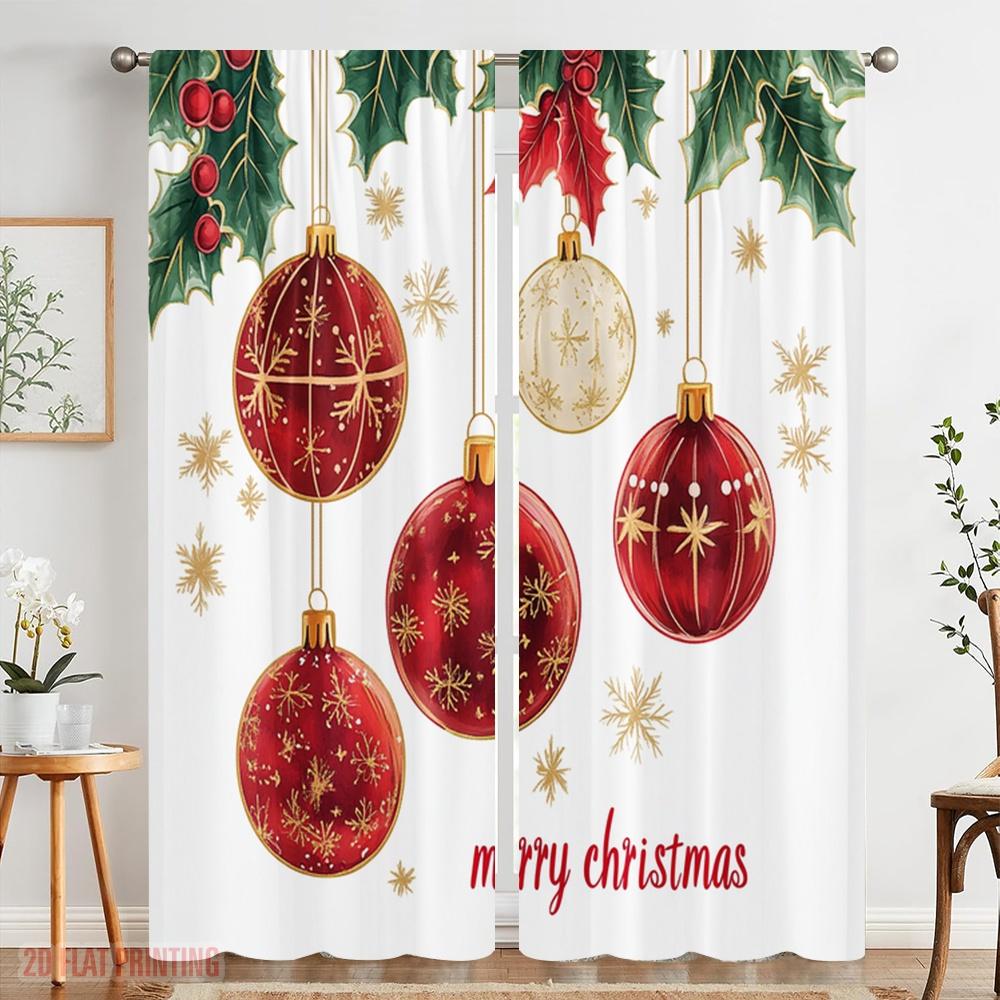 2pcs,2D Plane Printing Print Curtains Christmas Ornaments Poinsettia (3) Durable 100% Polyester Fabric (without Rod) All Seasons