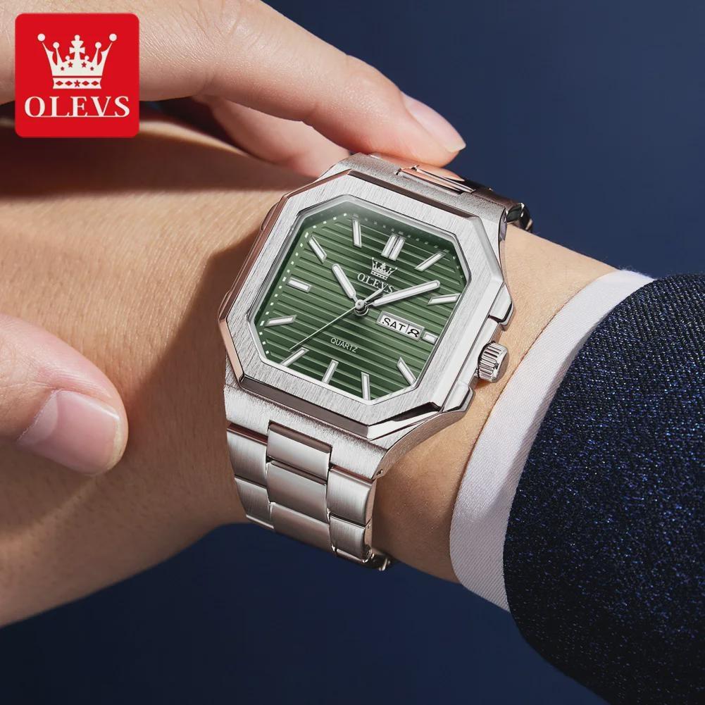 OLEVS Watch Luxury Man Original Square Quartz Watch Stainless Steel Waterproof Luminous Week Date Watches For Man