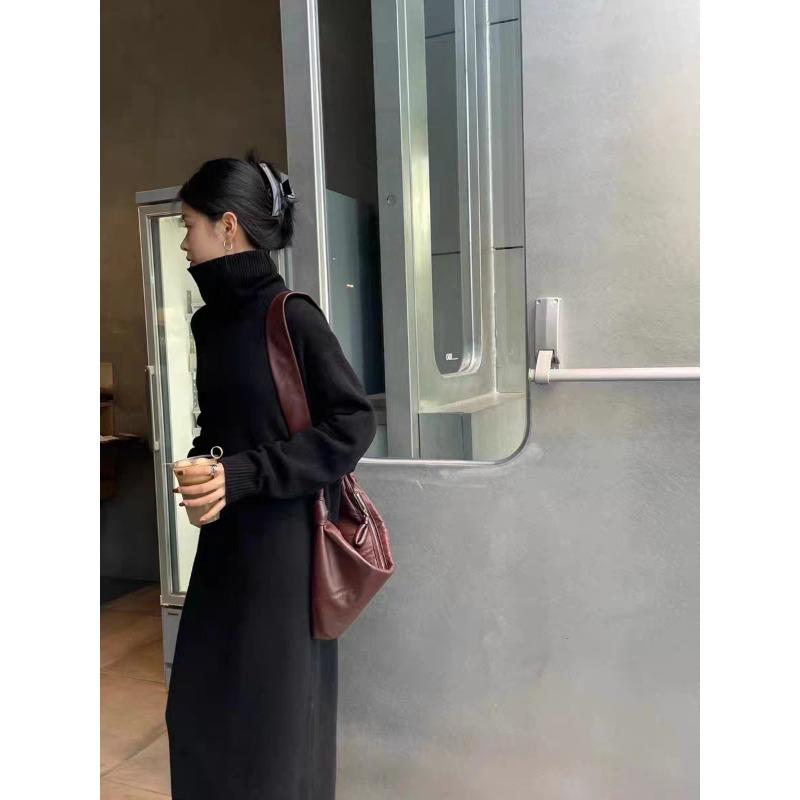 

[] Long-sleeved knitted dress for women s autumn and winter new lazy wind with turtleneck long dress loose sweater skirt S чёрный