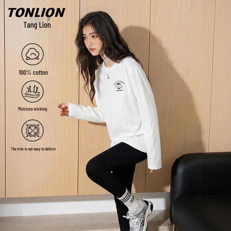 Женская хлопковая футболка с длинным рукавом TonLion с принтом «Яблочный кот» L