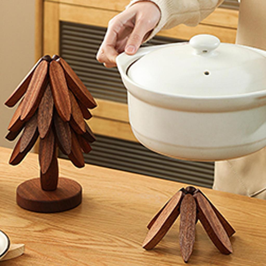 Wooden Trivets Tree Trivet Foldable Wood Christmas Tree Shaped Teapot Holder Tabletop Protection Hot Pot Coaster Table Mat