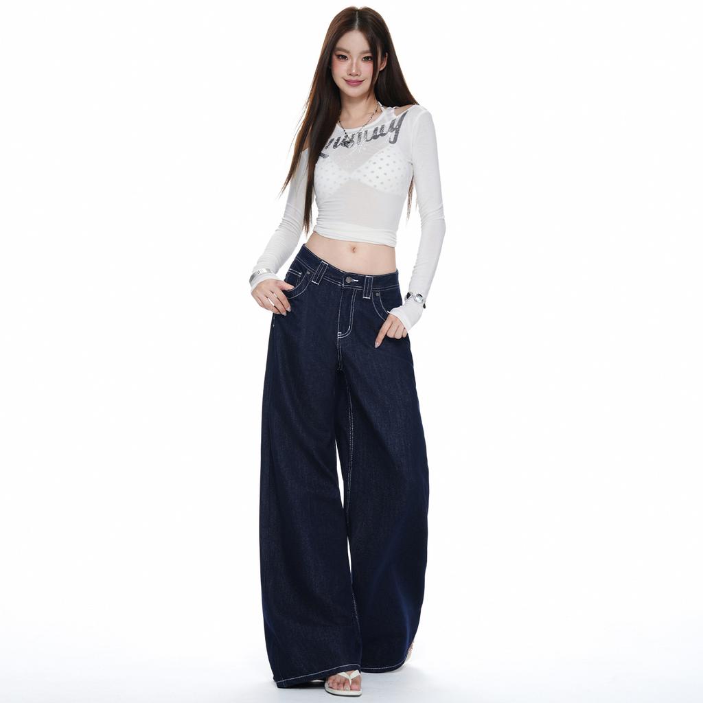 American retro wide-leg jeans women's autumn and winter new niche pocket design loose straight jeans