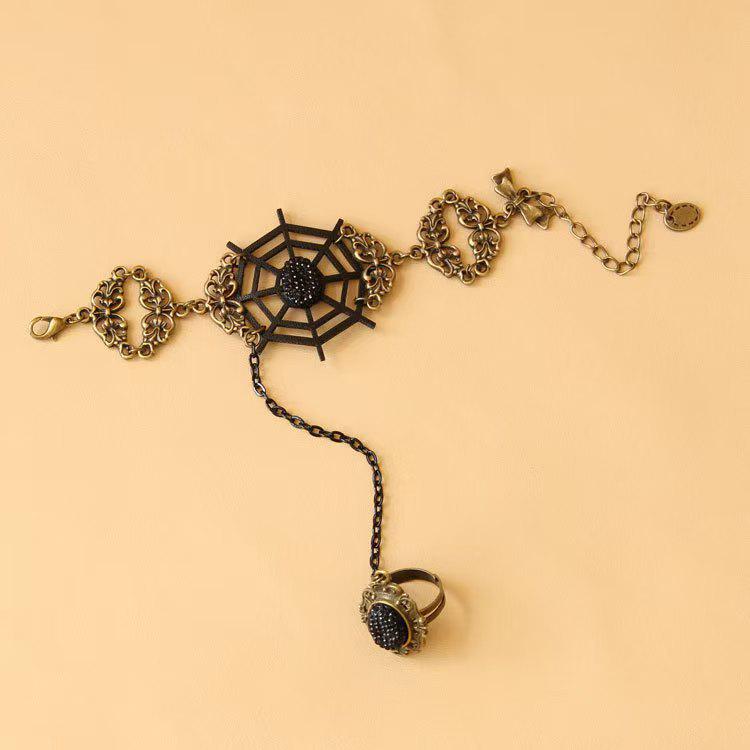Black Lace Flower Bracelet with Ring: Retro Halloween Jewelry with Pearls