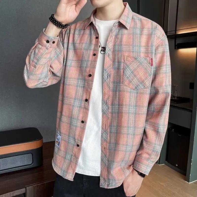 Spring Autumn Men's Long-sleeved Lapel Plaid Shirt Men's Versatile Retro Casual Shirt Blouse Jacket Men's Striped Plaid Shirt