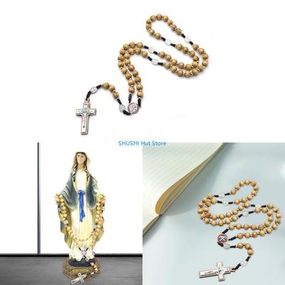 Holz für Kreuzrosenkranz Halsketten Perlen Anhänger Christlich für Damen Herren Religiös Betend Schmuck Geschenk D57B
