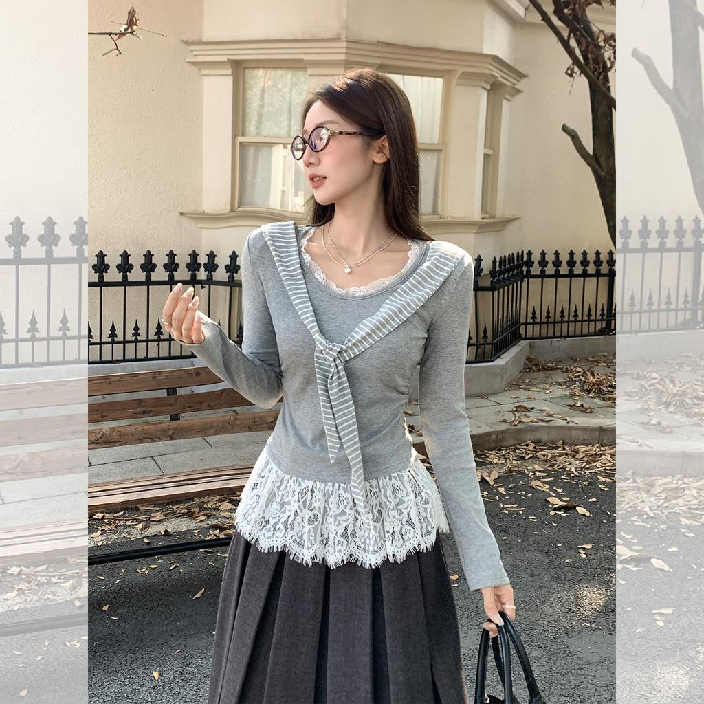Johnature Korean Striped Shawl Faux Two-piece Long-sleeve T-shirt For Women Autumn Navy Collar Lace Fitted Top Render T-shirts