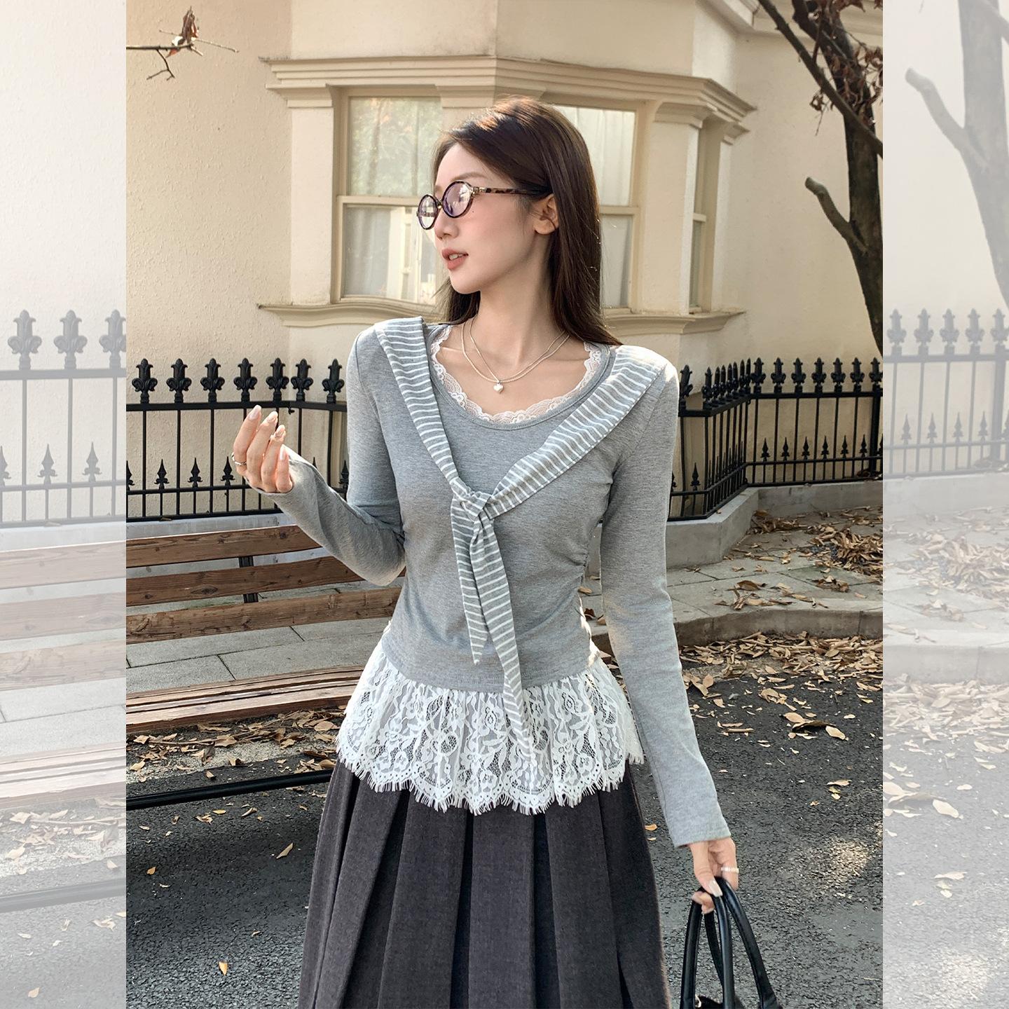 

Johnature Корейская полосатая шаль, футболка с длинным рукавом с эффектом двухслойности для женщин, осенняя, темно-синяя, с кружевным воротником, облегающий топ, футболки M