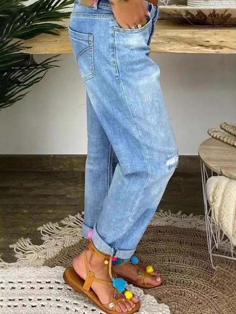 2025 Damen Blaue Zerrissene Lockere Straight-Leg Jeans: Europäischer & Amerikanischer Stil, Gewaschene Lässige Lange Hosen