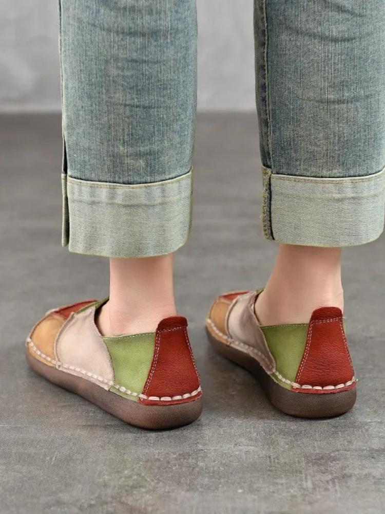 Johnature Retro Genuine Leather Mixed Colors Soft Soled Slip-on Shoes Versatile Round Toe Flat Shoes