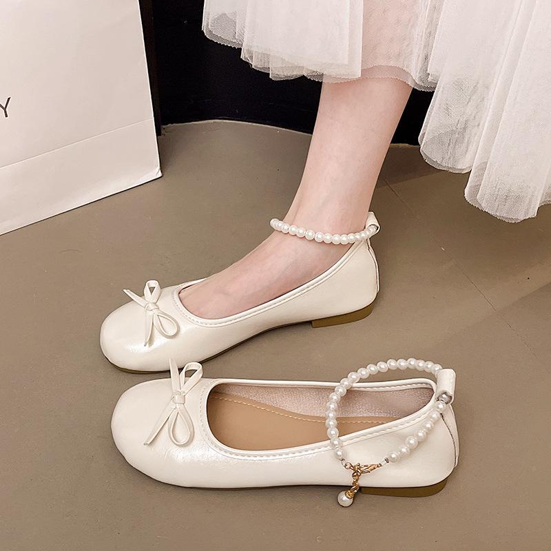 2025 summer pearl bow single shoes round head flat ballet shoes evening fairy wind Mary Jane shoes