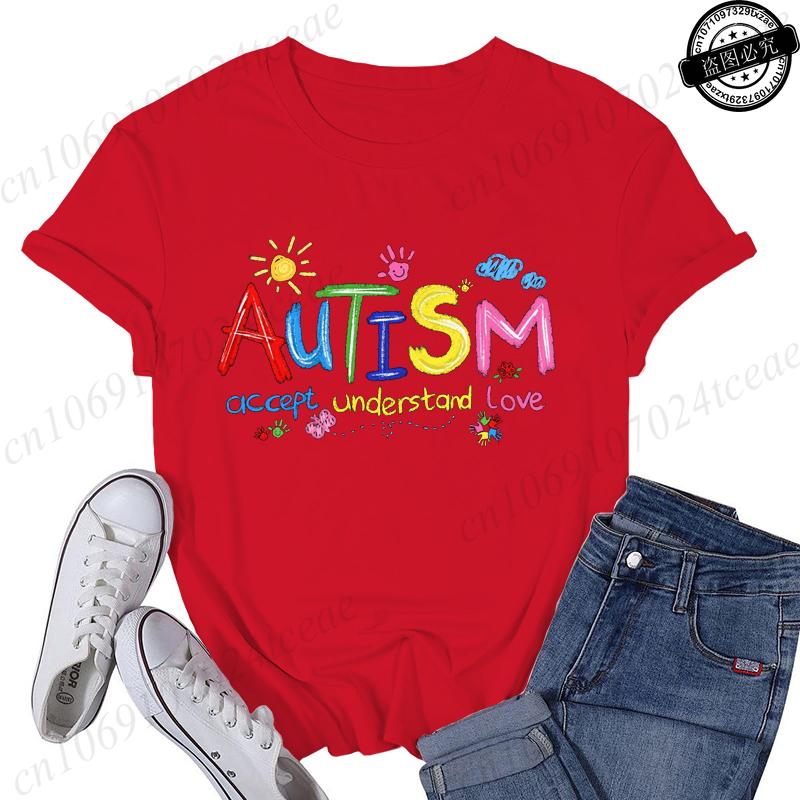 Brushstroke Autism Print Women's Streetwear T-Shirts Female T Shirts Autism Awareness Fashion Graphic Tees Tops Women Clothing