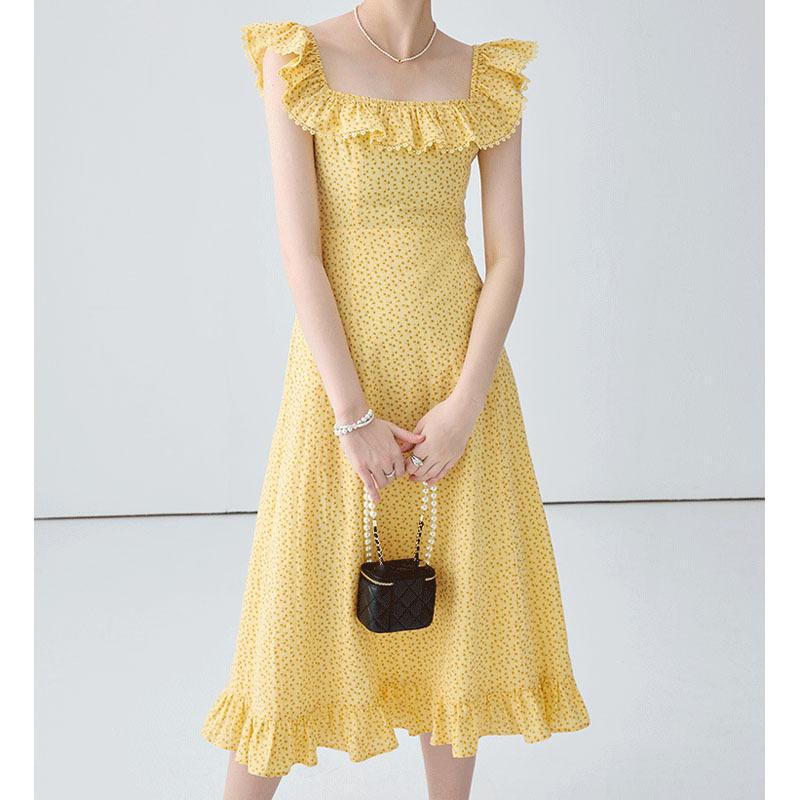 Stylish Dress Female Summer Square Collar Floral Skirt Beach Vacation Casual Dresses