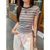American retro chic striped T-shirt women's summer contrasting colors spring and autumn inner fit slim bottom top front shoulder short sleeves