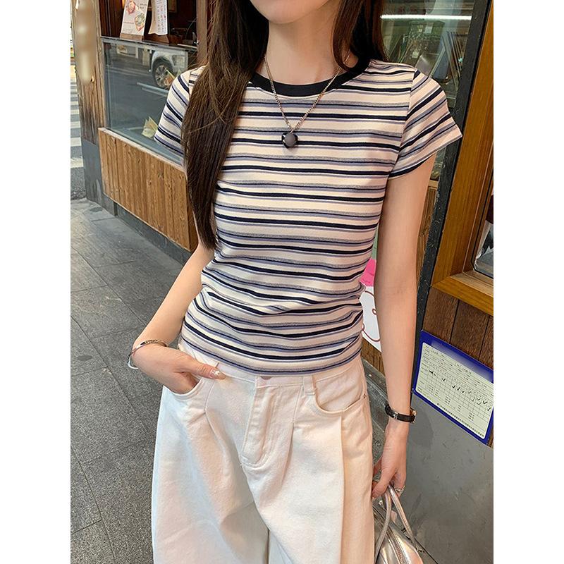 American retro chic striped T-shirt women's summer contrasting colors spring and autumn inner fit slim bottom top front shoulder short sleeves