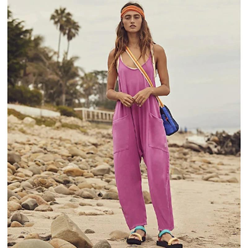 Damen Verstellbarer Träger Jumpsuit Lässig Locker Ärmellos Harem Romper mit Taschen