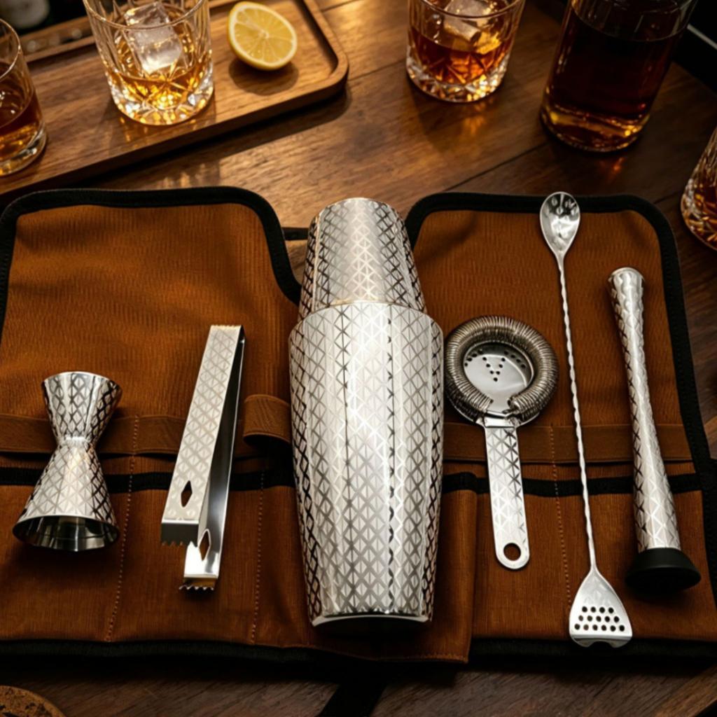 7 Pieces Bar Tool Set with Roll-up Pouch Professional Roll-up Bartender Bag Bartending Kit Organized Barware Compact