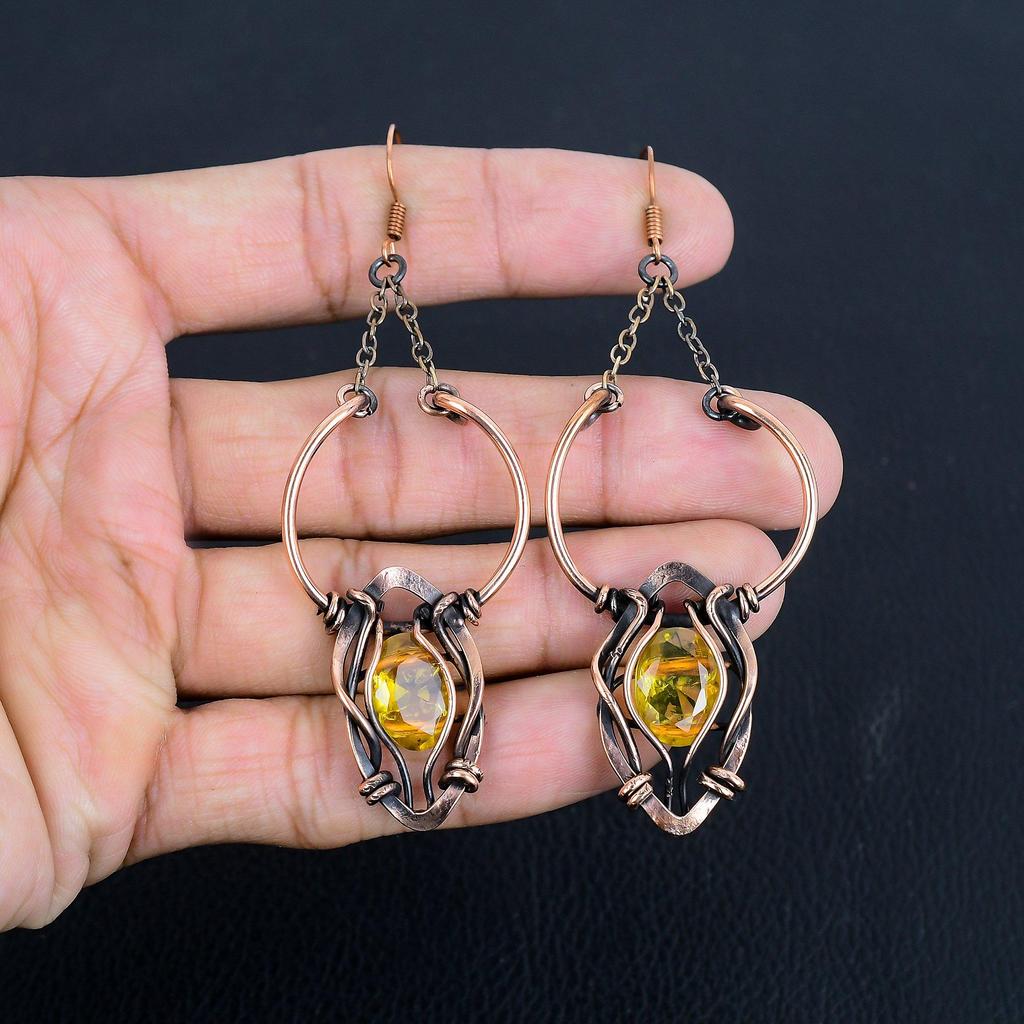 Citrine Earrings, 999 Copper Wire Wrapped Gemstone Jewelry, Handmade Earrings, For Thanksgiving