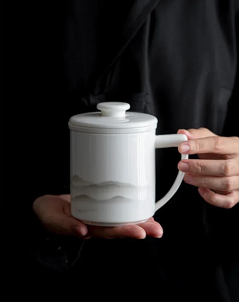 430ml Mutton Fat Jade Porcelain Office Cup Ceramic Tea Cup Personal Filter Mug with Lid Tea Maker Ceramic High-end Water Cup  200ml