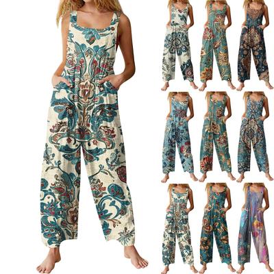 Women's Fashion Casual Loose Back Straps Wide Leg Vintage Printed Jumpsuit