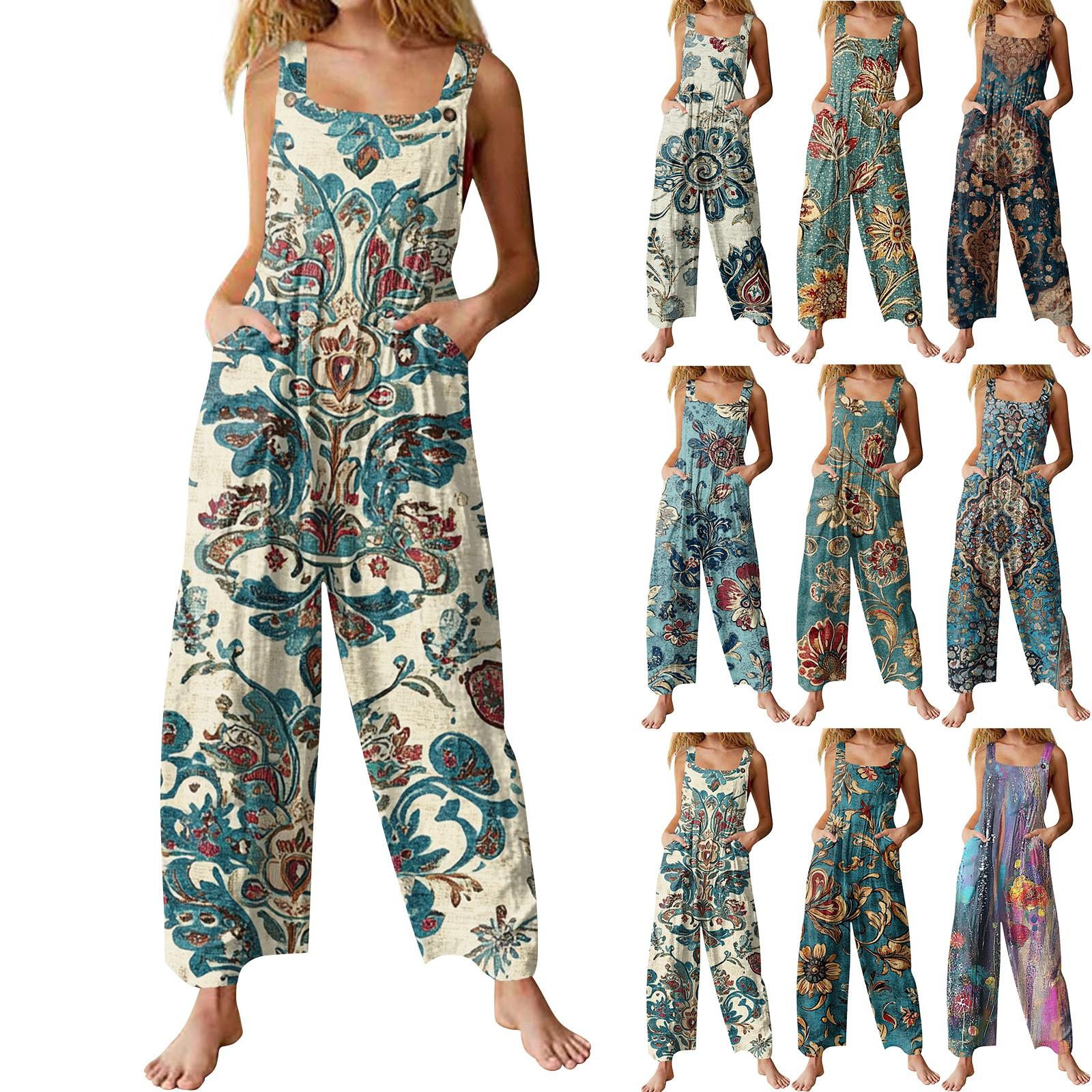 

Women s Fashion Casual Loose Back Straps Wide Leg Vintage Printed Jumpsuit M синій