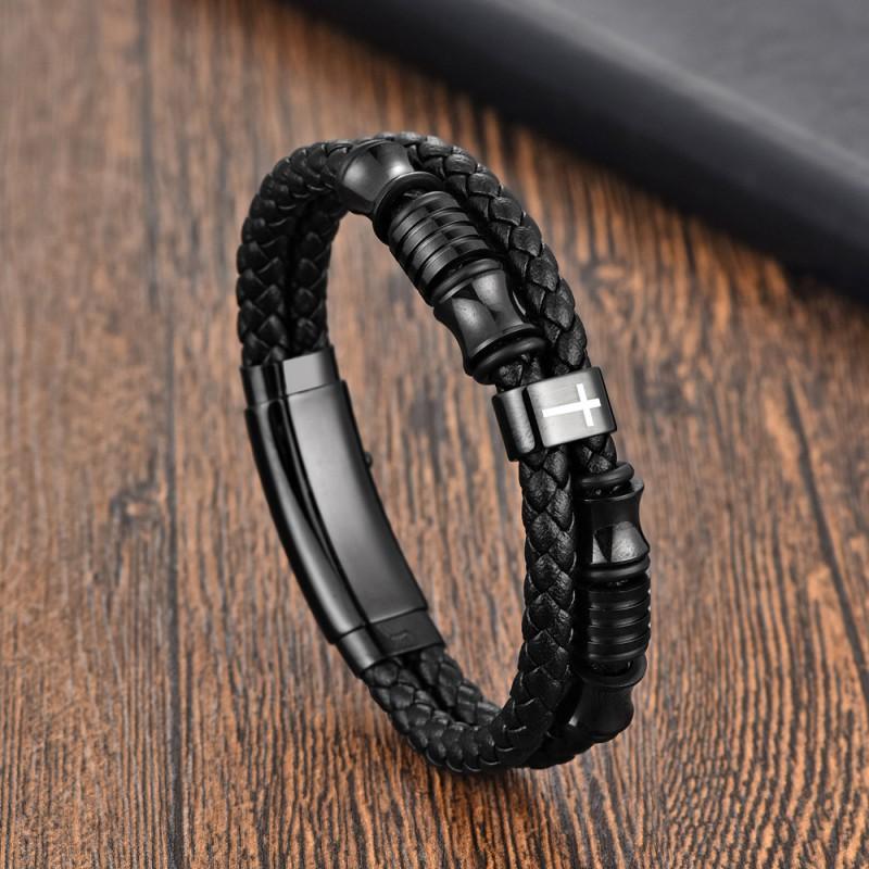 Mens Adjustable Stainless Steel Cross Pendant Braided Leather Bracelet Fashion Casual Wear