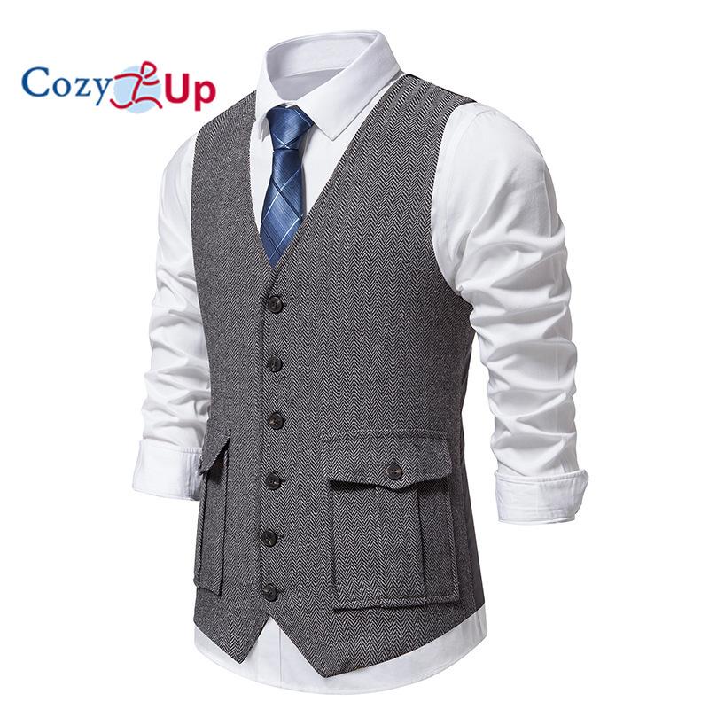 Herringbone Mens Up Cozy Western Suit Vest Tweed Wool Blend Slim Fit Waistcoat