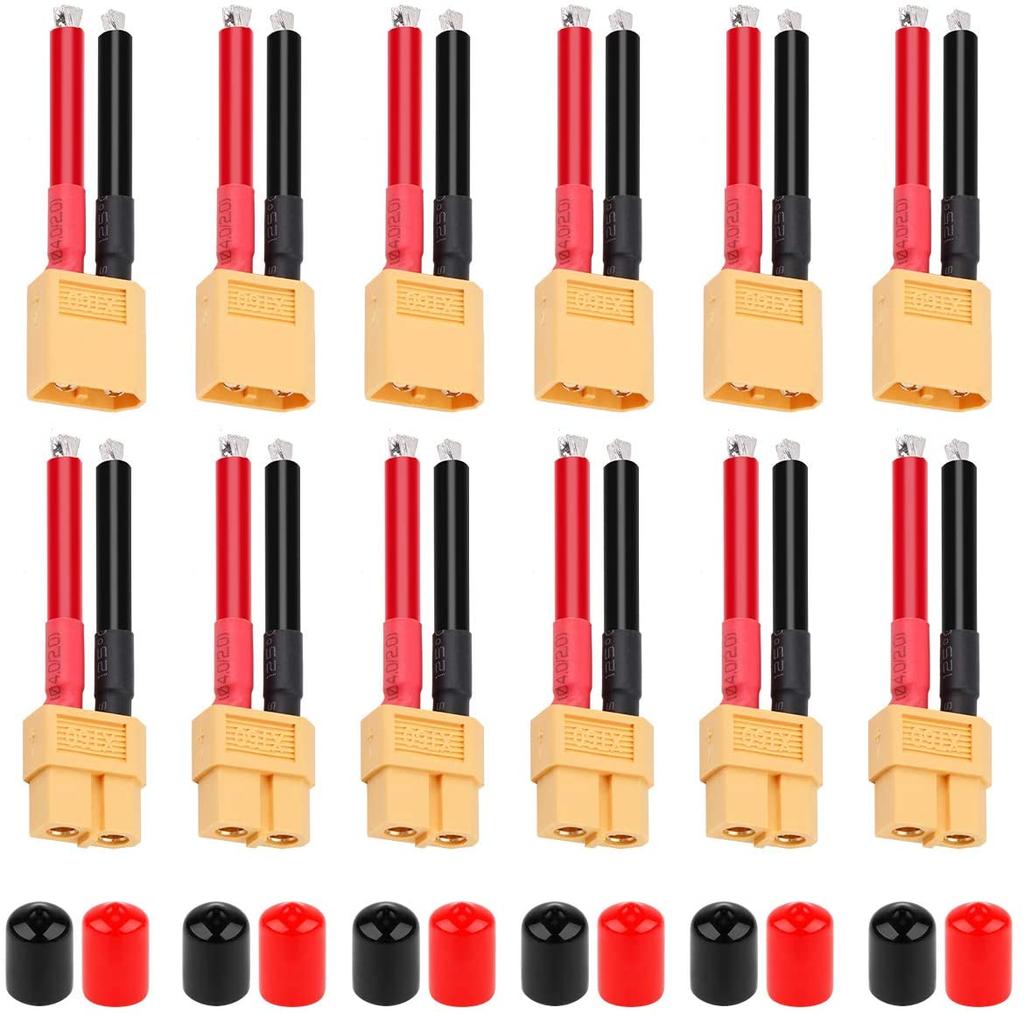 6 Pairs XT60 Connector Cables – Male and Female with 12AWG Silicone Wire + Protective Caps – For RC Drones, LiPo Batteries, Car Chargers