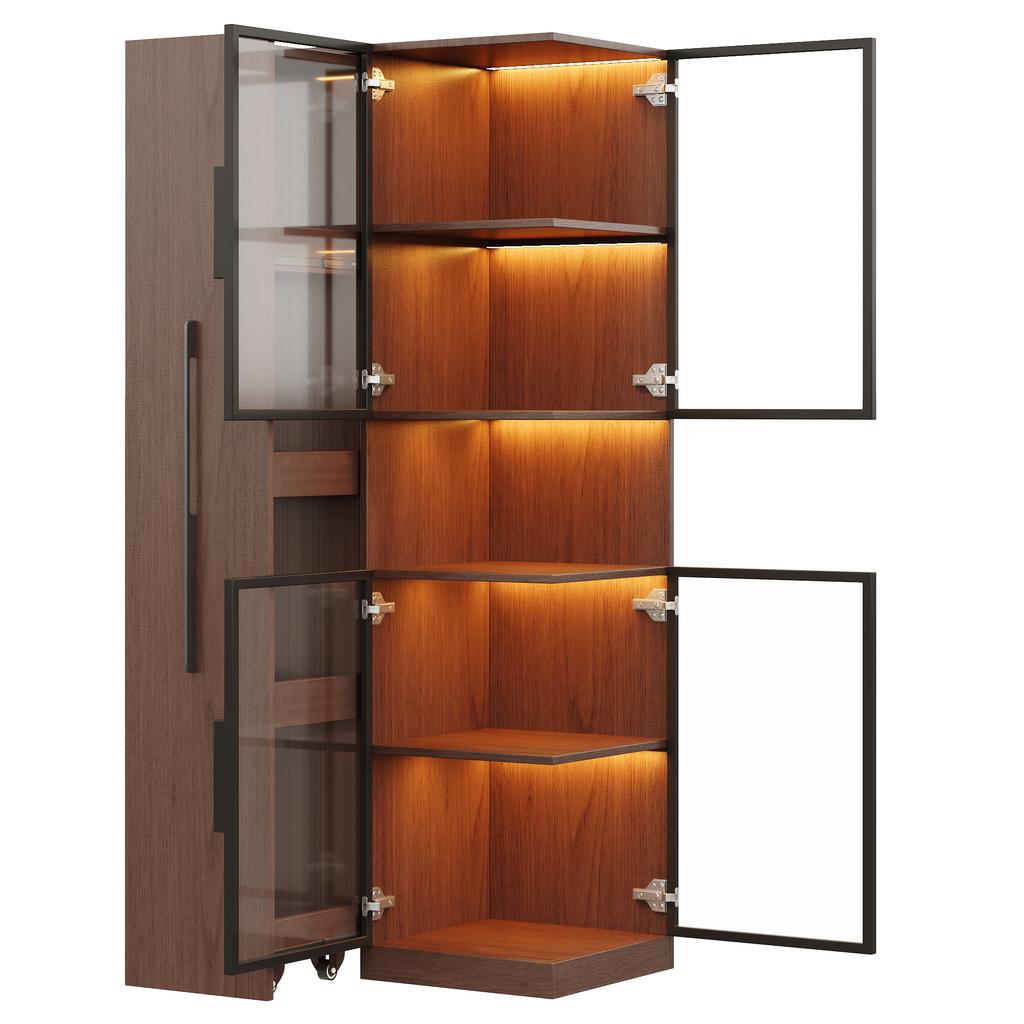Display Cabinet 70×38×160 Cm with Pull-out Shelf – Double-glass Floor Display Case LED, MDF Cabinet Walnut, for Living Room, Dining Room, Kitchen