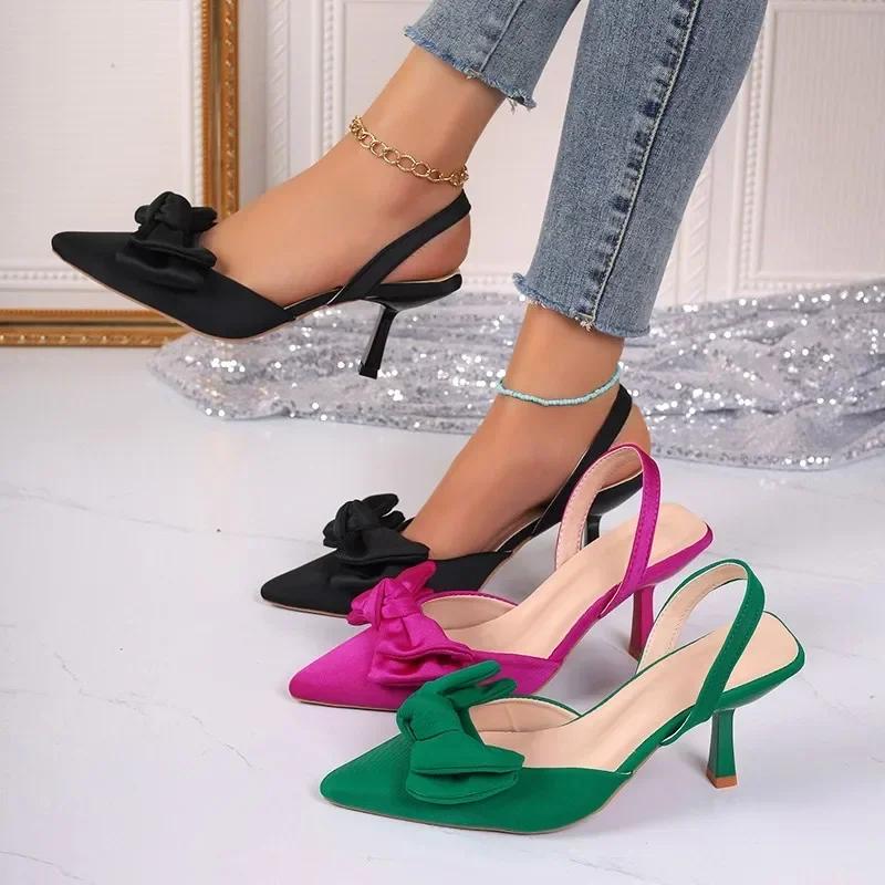 2026 Women's Shoes Summer New Style Bow Women's Slingback High Heels Sexy Dress Stiletto Pointed Toe Women's High Heels Women