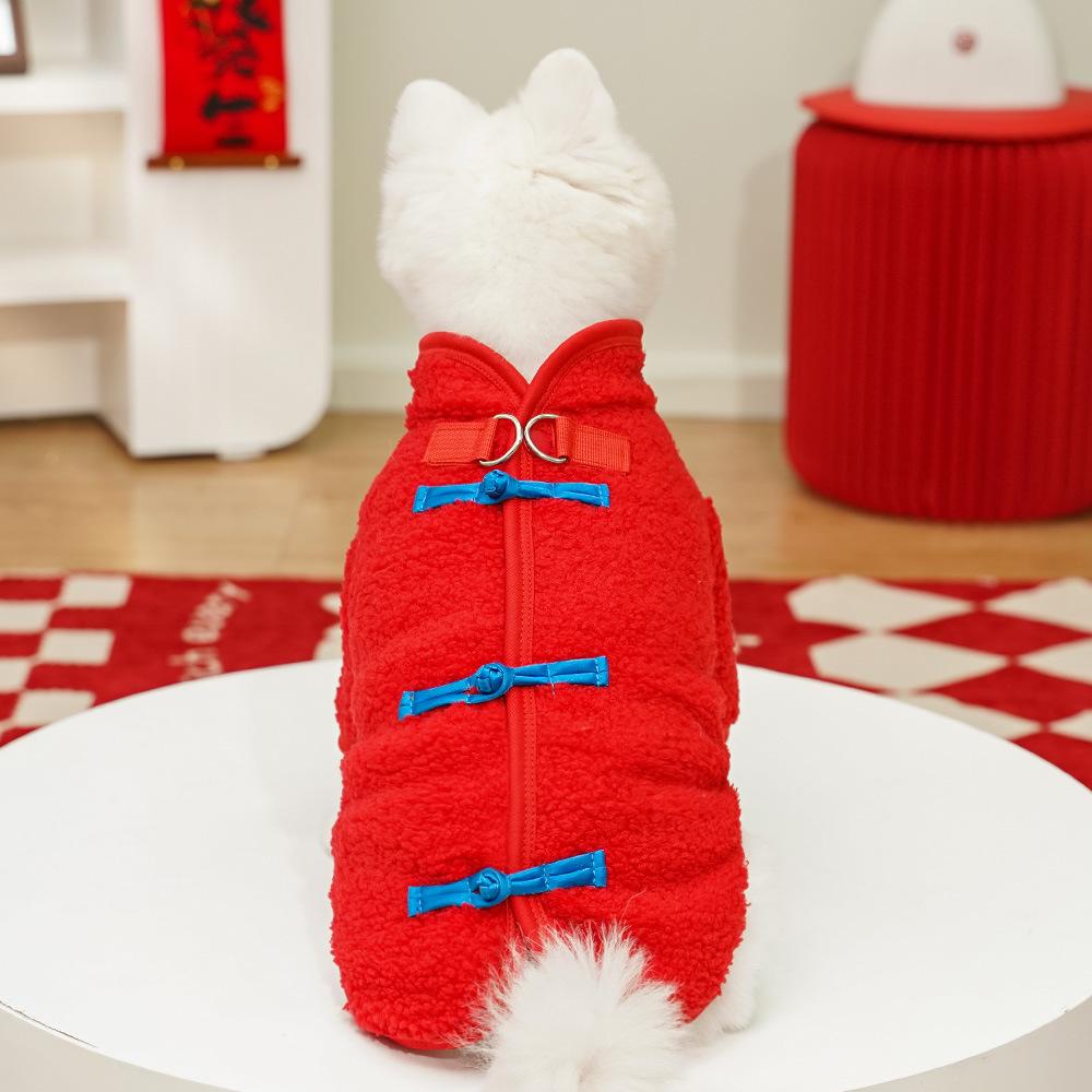 Chinese Style Qipao Pet Coat for Small Dogs - Red Sherpa Dog Jacket with Frog Buttons (Lucky Festive Design)