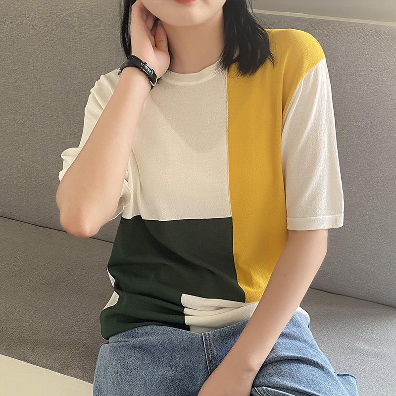 Korean Style Women's Contrast Color Loose-Fit Summer T-Shirt