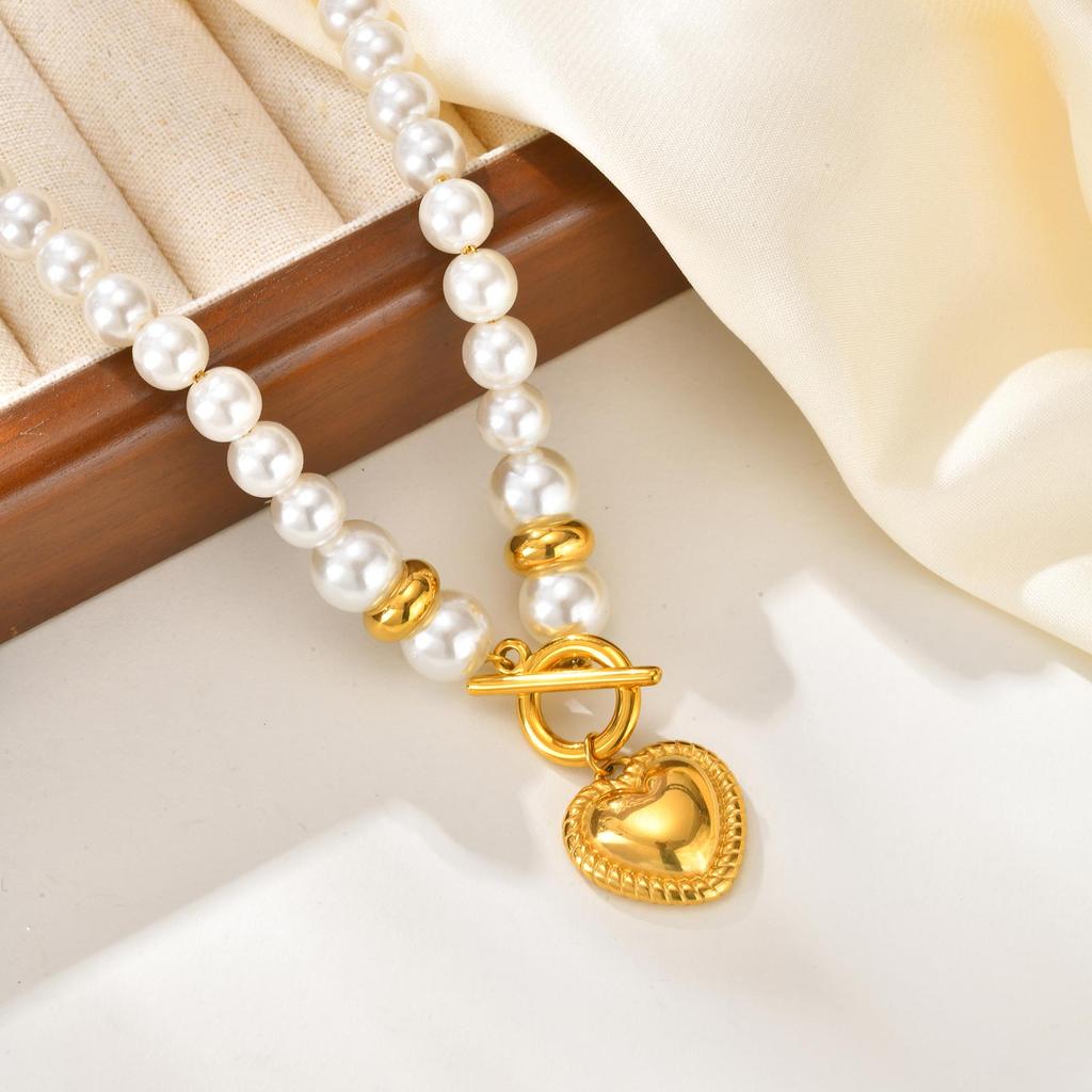 Stainless Steel Heart-shaped Pendant for Women,Imitation Pearl Beaded Chain Necklace with OT Buckle,Gold Color Jewelry Gifts