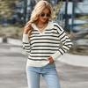 Autumn and Winter Polo Collar Women's Sweater Contrasting Striped Top