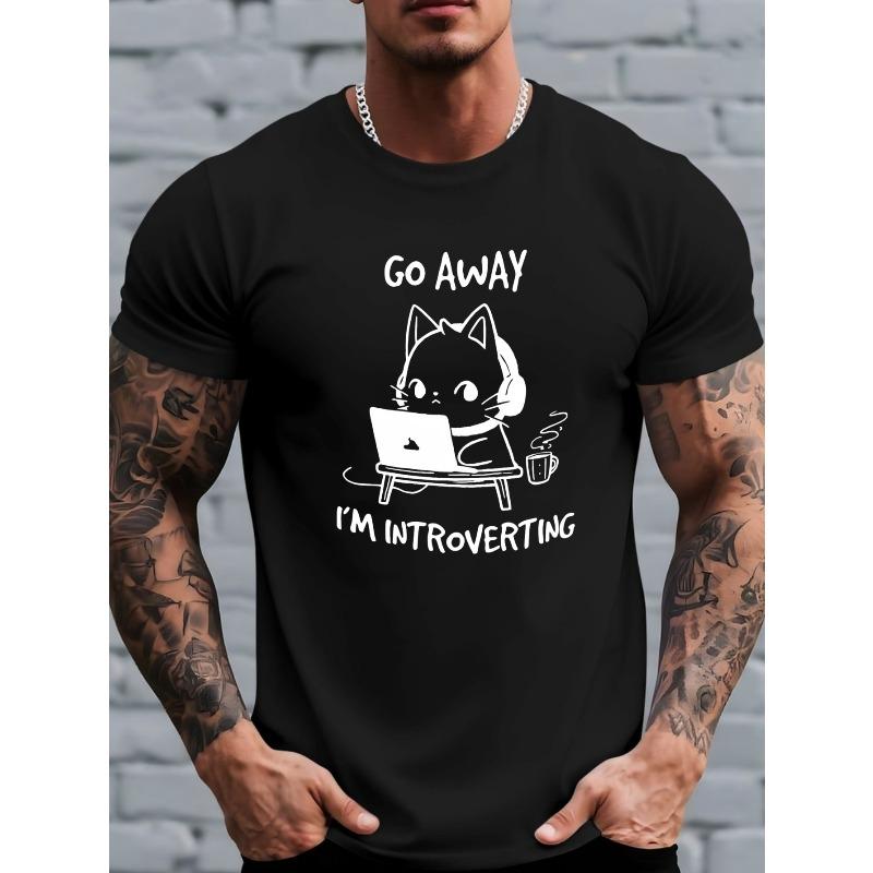 

Мужская футболка с принтом в виде мультяшного кота и букв, европейский размер, удобный и дышащий топ с коротким рукавом для повседневной носки летом на улице S чёрный