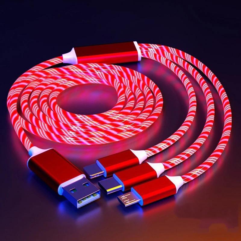 3IN1 Metal Streamer Cable Is Suitable For  Android Type C Mobile  One Split Three Fast Charging Luminous