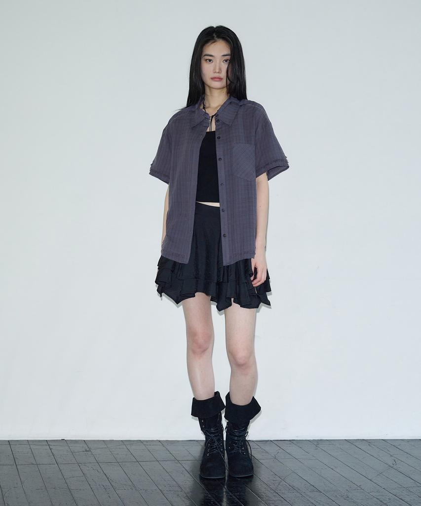 SIS A Layered Cutout Check Half Shirt [Purple]