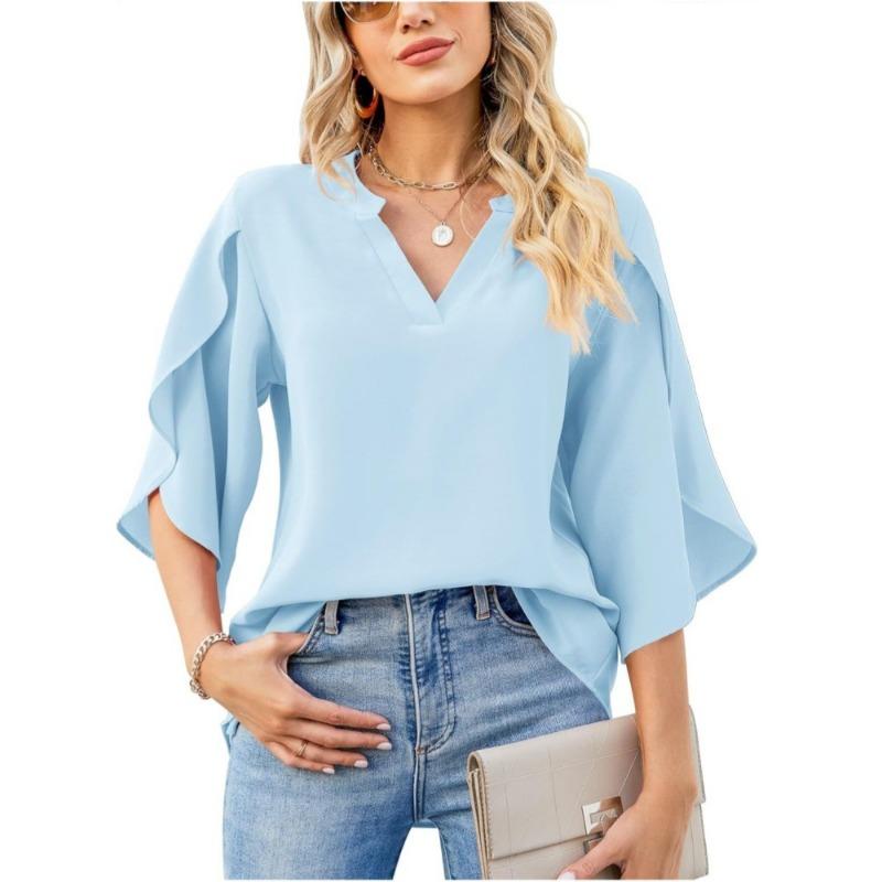 Summer V-neck Loose Casual Office Women Blouse Elegant Petal Short Sleeve Ruffled Chiffon Top Fashion Female Solid Color Simple Shirts Women Vlothing