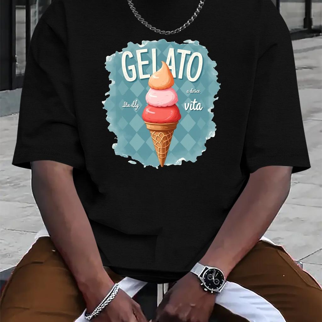 Gelato Italian Ice Cream Cone Graphic Mens Casual Cotton TShirt Summer Short Sleeve Round Neck Tee