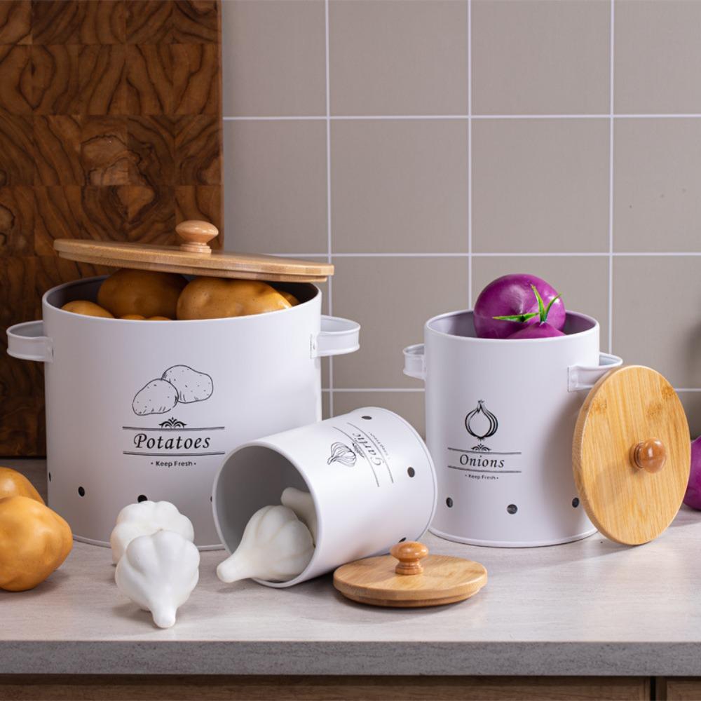 Carbon Steel Garlic Storage Bin with Lid Garlic Keeper Potato Storage Container Pantry