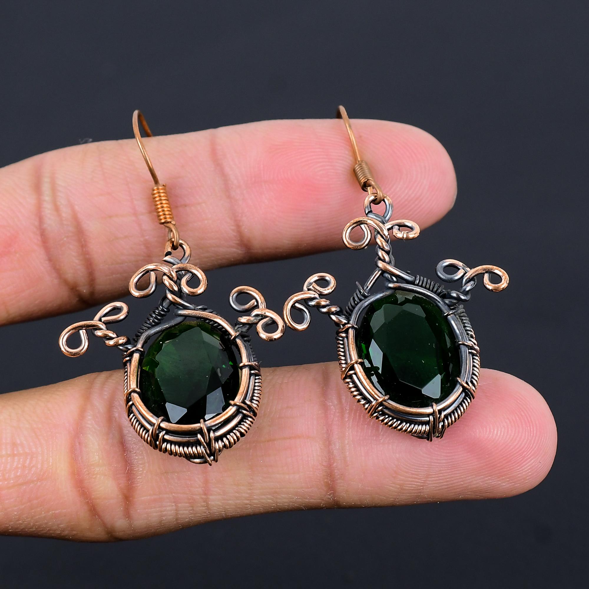 

Ювелирные изделия из драгоценных камней Зеленого Турмалина, Серьги, обернутые медной проволокой 999 пробы, Удивительные серьги с Турмалином, Дизайнерские украшения ручной работы для женщин 2.55 Inches