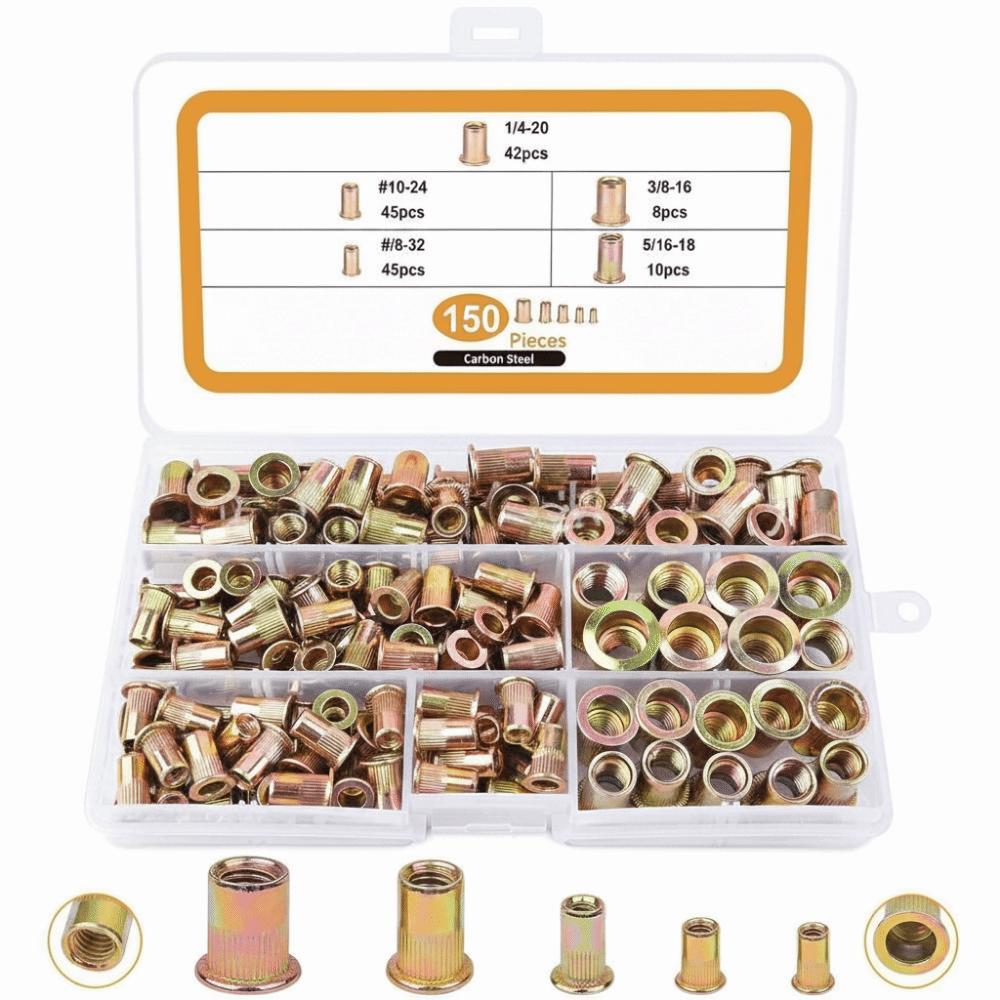 150/165Pcs Carbon Steel Rivet Nut Assortment Kit Assorted Sizes Threaded Insert Nuts Home Workshop