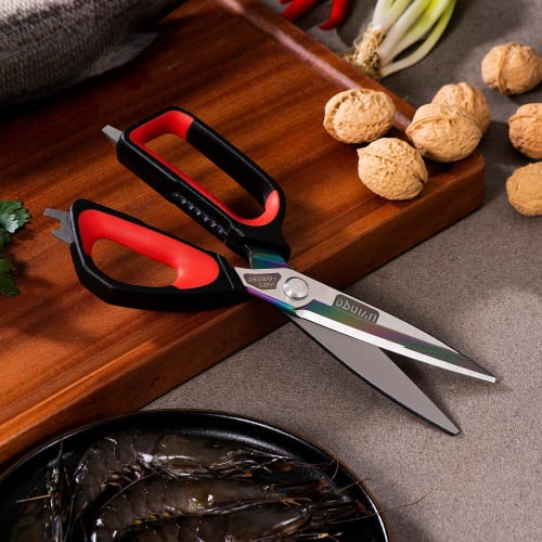 LIVINGO Heavy-Duty Kitchen Scissors, Large, Sharp Stainless Steel with Titanium Coating, Hot-Forged Cutting Blades, Rubber Soft Grip, Nut Cracker, Bot