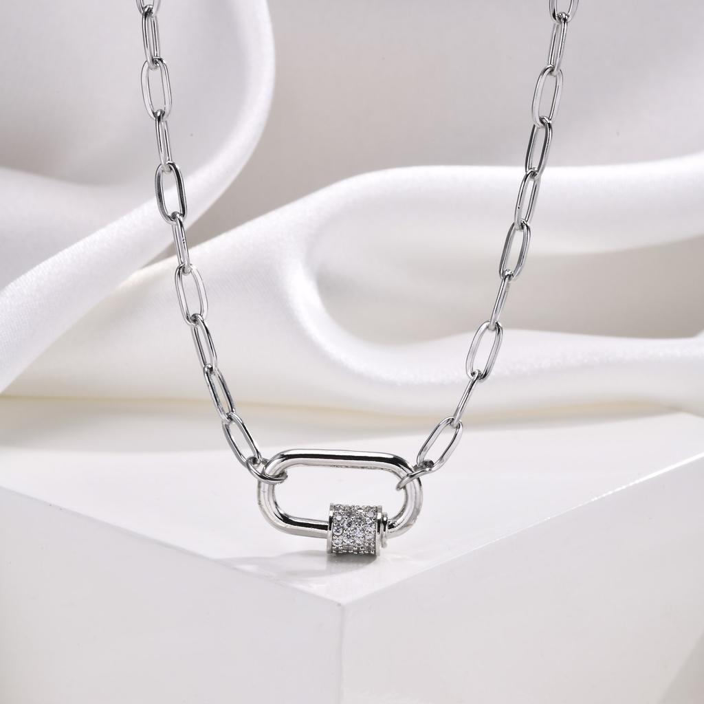 Pave Zircon Pin Pendant Neckalce for Women, Adjustable Stainless Steel Paperclip Chain Wholesale Jewelry
