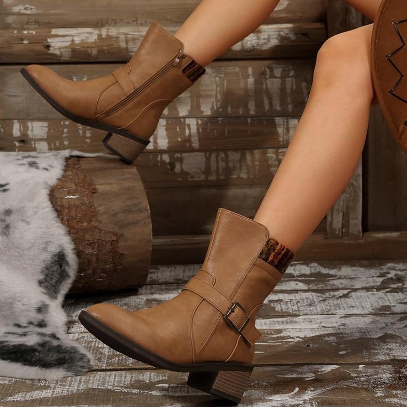 

Large size suede buckle with middle tube side zipper fashion boots autumn and winter new square heel pointed women s boots 43 коричневый