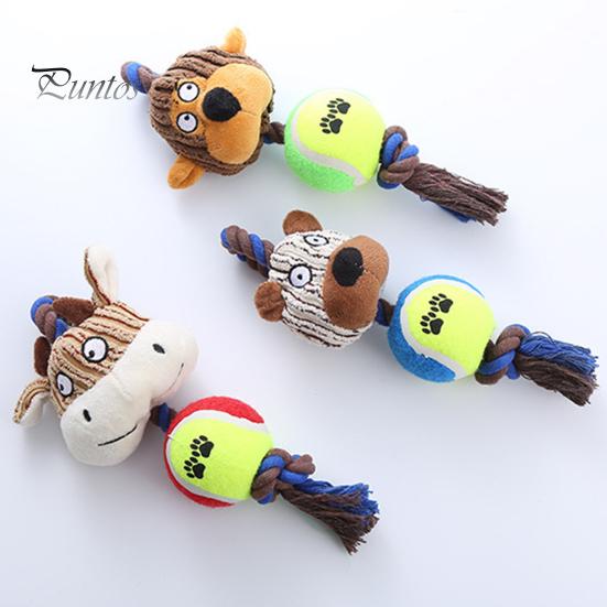 Wear-resistant Dog Toy Plush Squeaky Animal Head Tennis Ball Chew Interactive Teeth Cleaning Rope Knot Teething for Medium Large Dogs Tug-of-War Soft