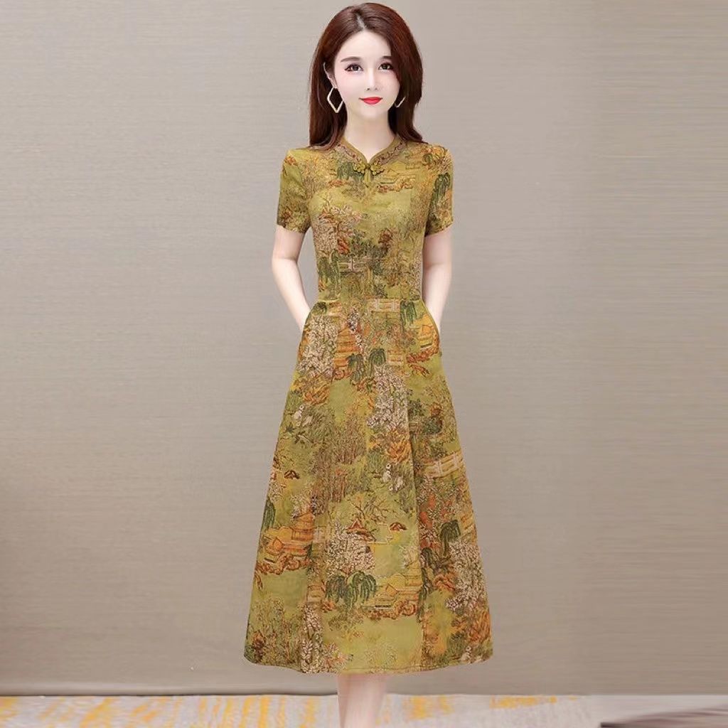 

Summer large size antique floral cheongsam skirt femininity slim and thin medium and long dress 4XL жовтий